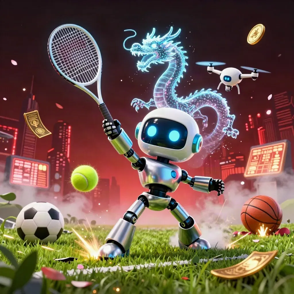 Low-angle cyberpunk tennis burst with robot mascot, AI dragon, drone, coins, and grass spray.