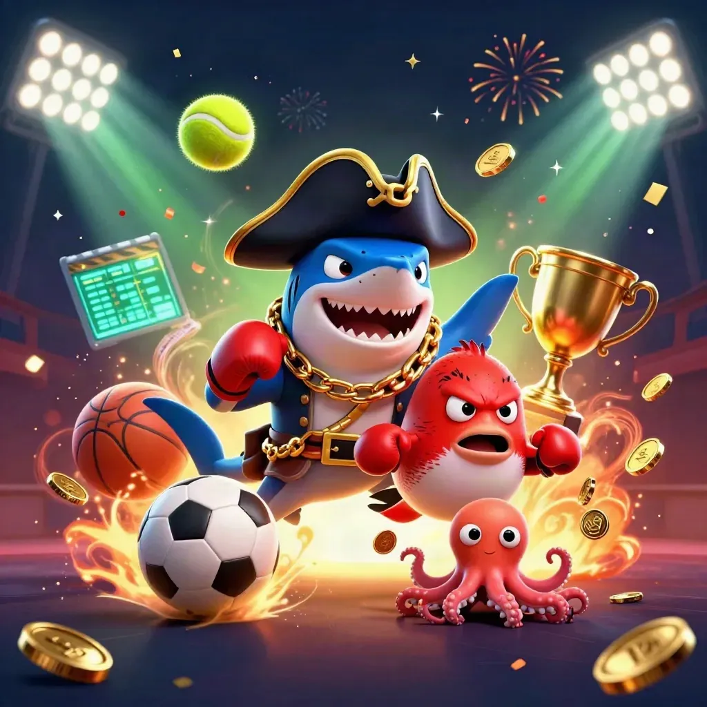 Pirate shark, boxing pufferfish and juggling octopus amid flying sports balls, coins and casino lights.