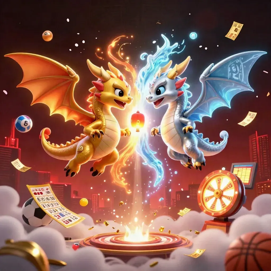 Twin gold and silver dragons in fire-and-ice yin-yang with casino treasure glow.