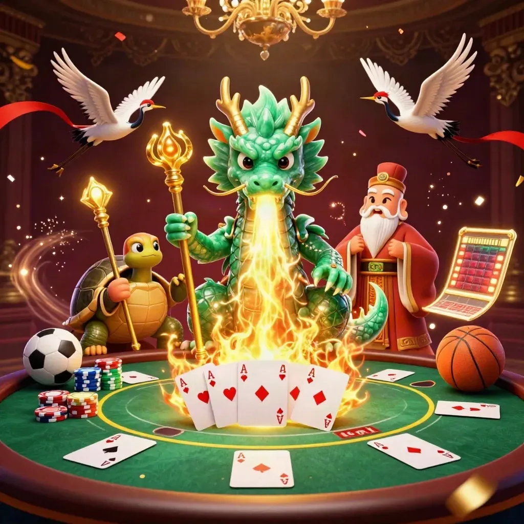 Jade dragon, turtle sage, and cranes amid casino cards, chips, fire, and gold confetti.