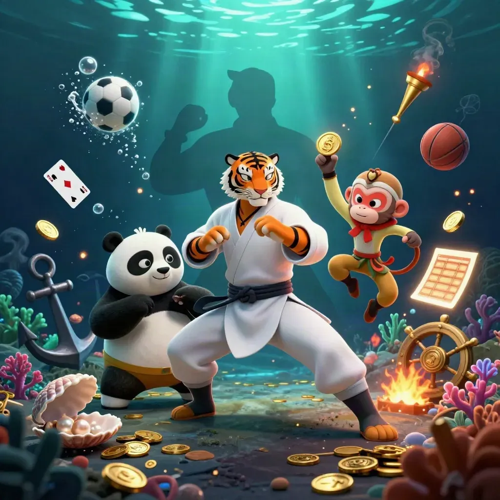 Kung-fu tiger, panda, and monkey in an underwater treasure cove with coins, cards, and sports balls.