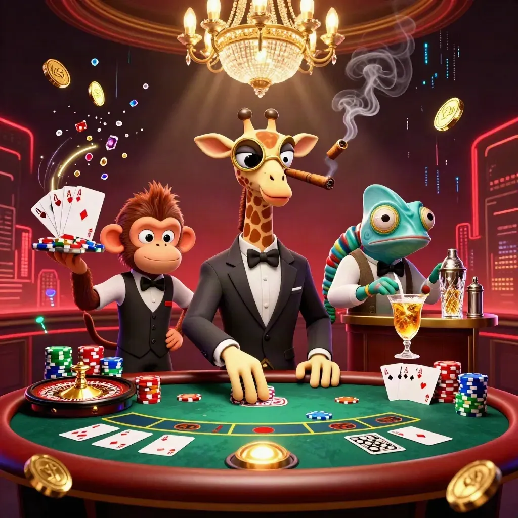 Giraffe, monkey, and chameleon at a luxe casino table amid gold coins, gems, chips, and neon glow