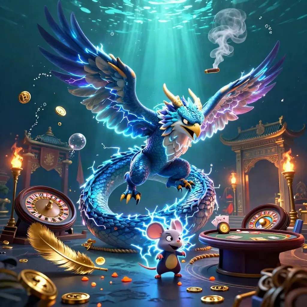 Thunder dragon, glowing hawk, and static mouse in a luxe casino scene with gold and neon light