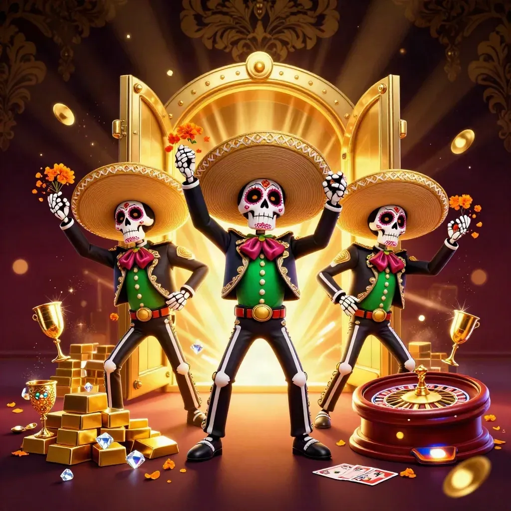 Skeleton mariachi trio with treasure vault, gold bars, casino props, and glowing casino light