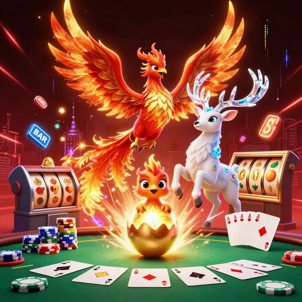 Phoenix, hatching baby, and crystal stag burst amid chips, aces, reels, and neon green sparks.