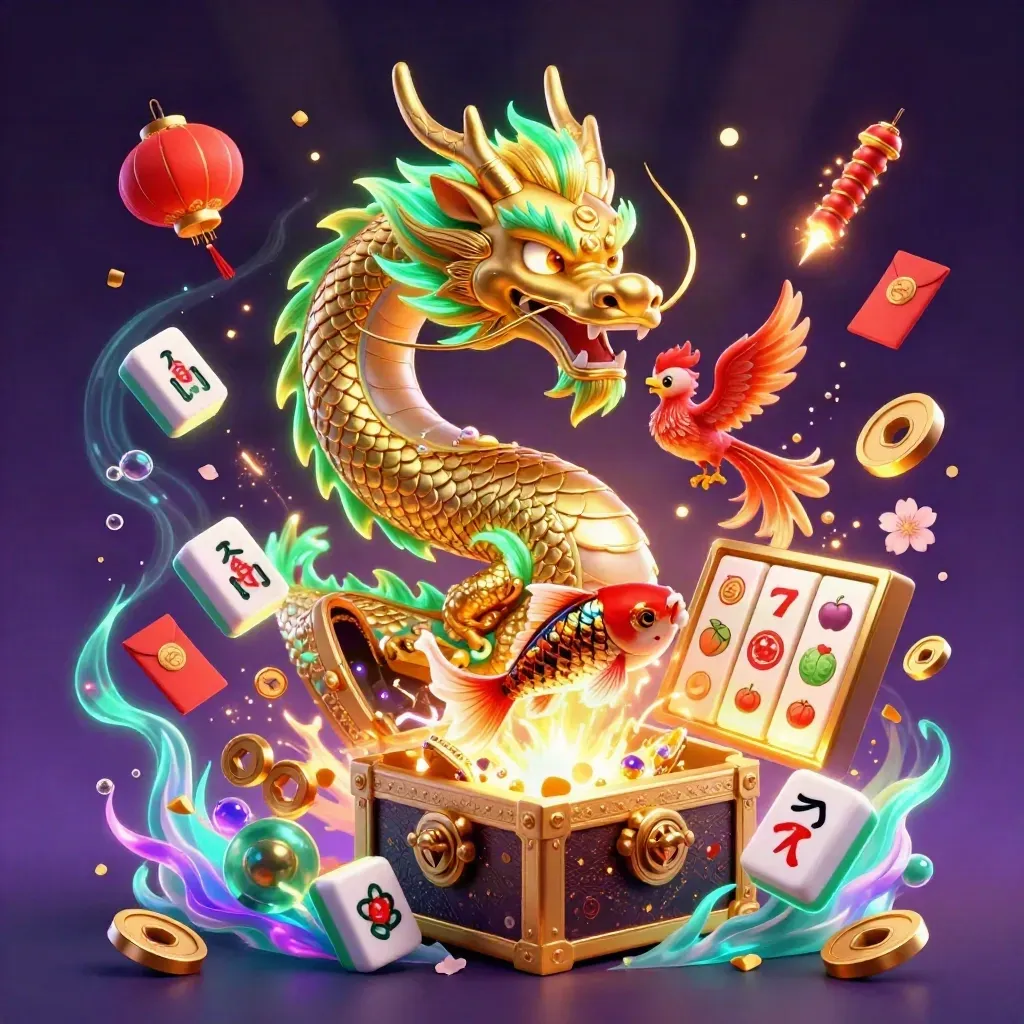 Golden dragon, phoenix, koi, treasure burst, neon casino fantasy key art