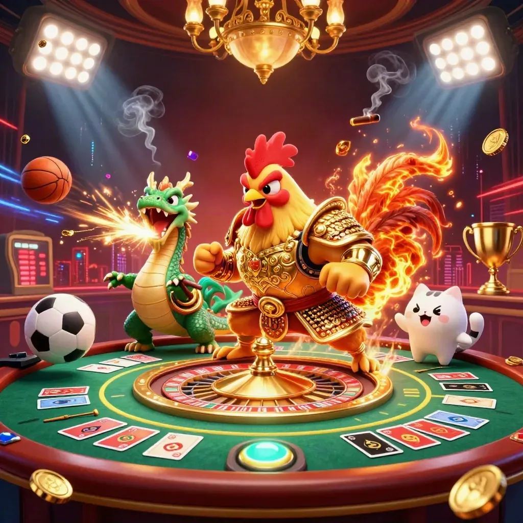 Rooster samurai, dragon hatchling, fortune cat amid casino lights, balls, trophy, coins and neon energy