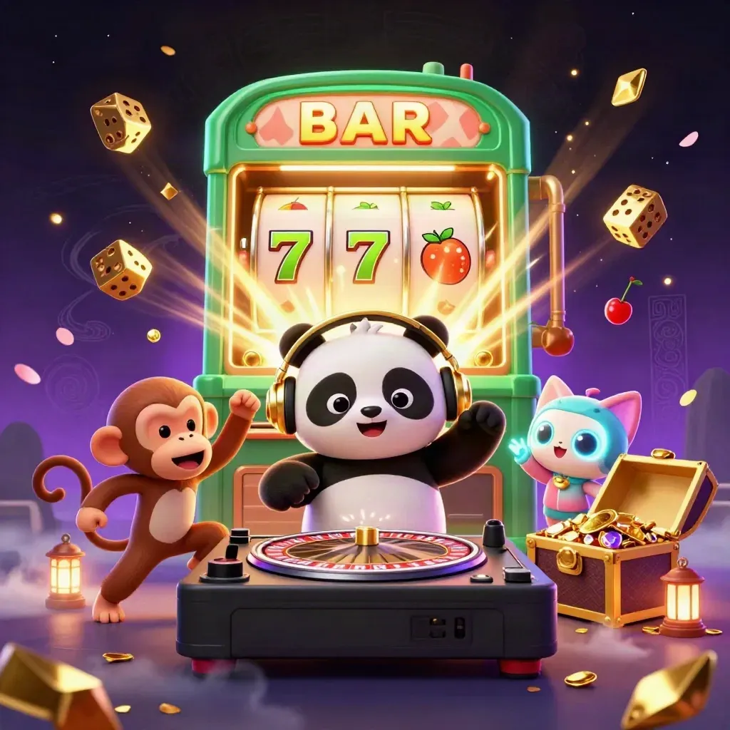 DJ panda, breakdancing monkey, and glow-stick kitten amid a jackpot slot explosion and treasure burst