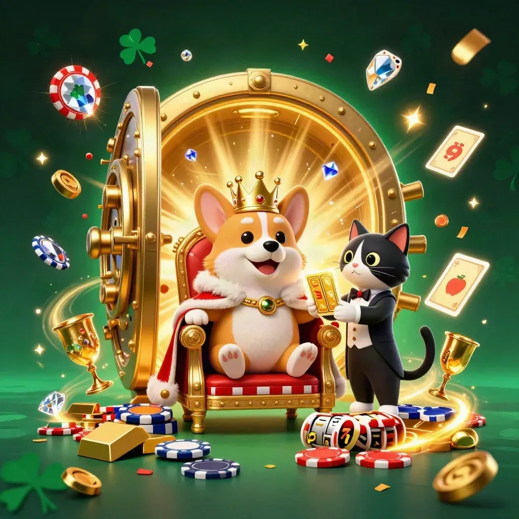 Royal corgi and cat butler amid a vault burst of gold, gems, and neon-green magic.