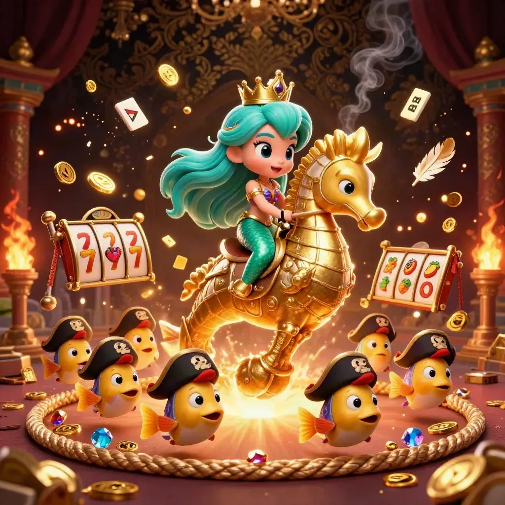 Mermaid princess on an armored seahorse amid pirate fish, gold bursts, temple gate, and neon casino glow.