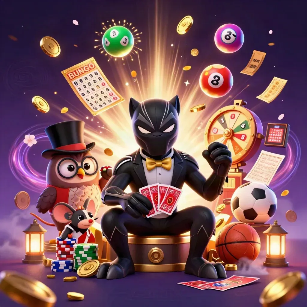 Panther, owl, and mouse celebrate amid gold coins, fireworks, and casino props.