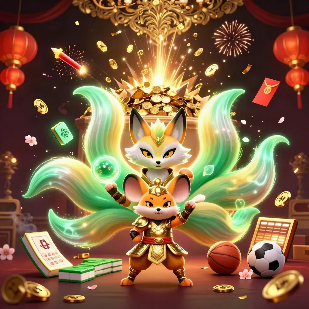 Nine-tailed fox and armored mouse amid vault coins, fireworks, and casino props