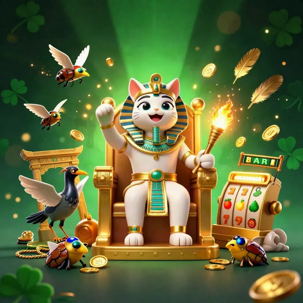 Pharaoh cat on golden throne with ibis scribe, scarab wings, coins, reels, and green-gold glow.