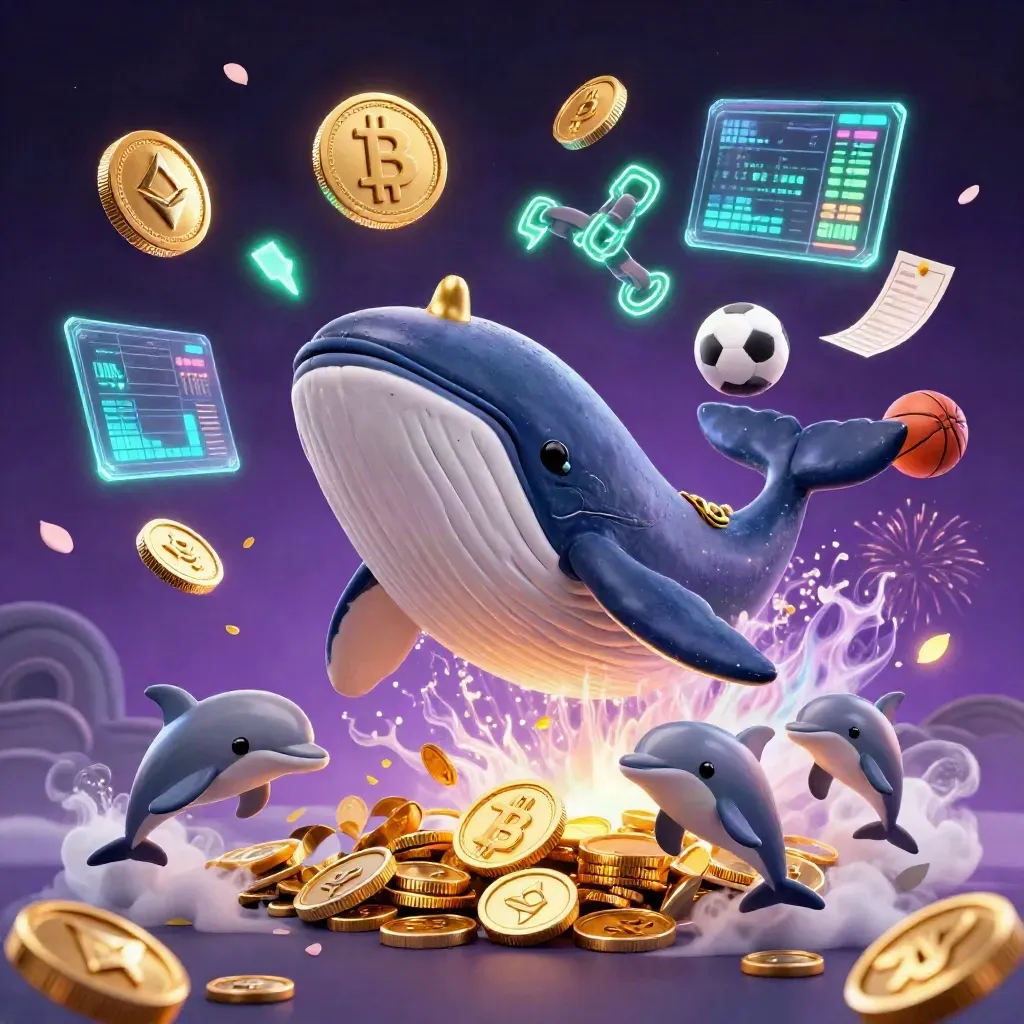 Whale captain, narwhal, and dolphins burst through coins amid neon betting energy and fireworks.