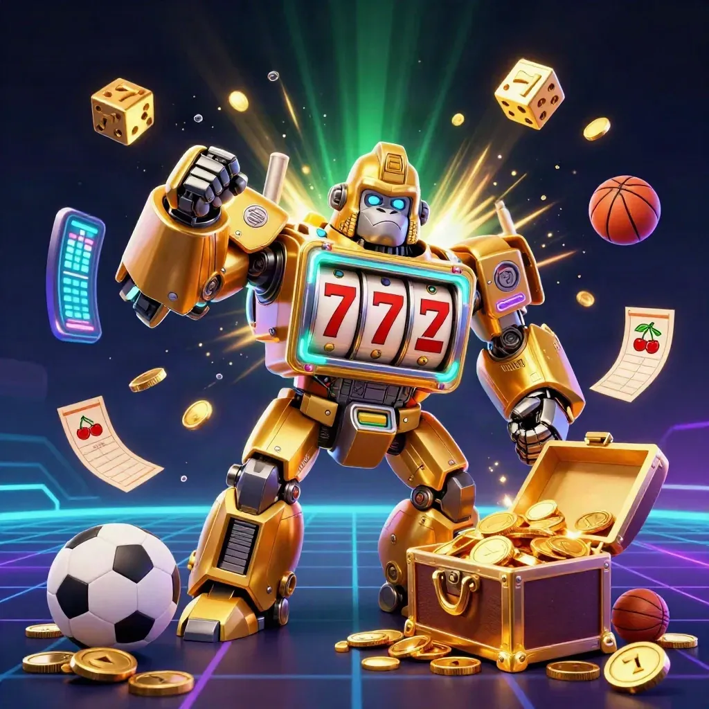 Golden gorilla mech with monkey pilot, slot jackpot blast, coins, sports props, neon casino glow