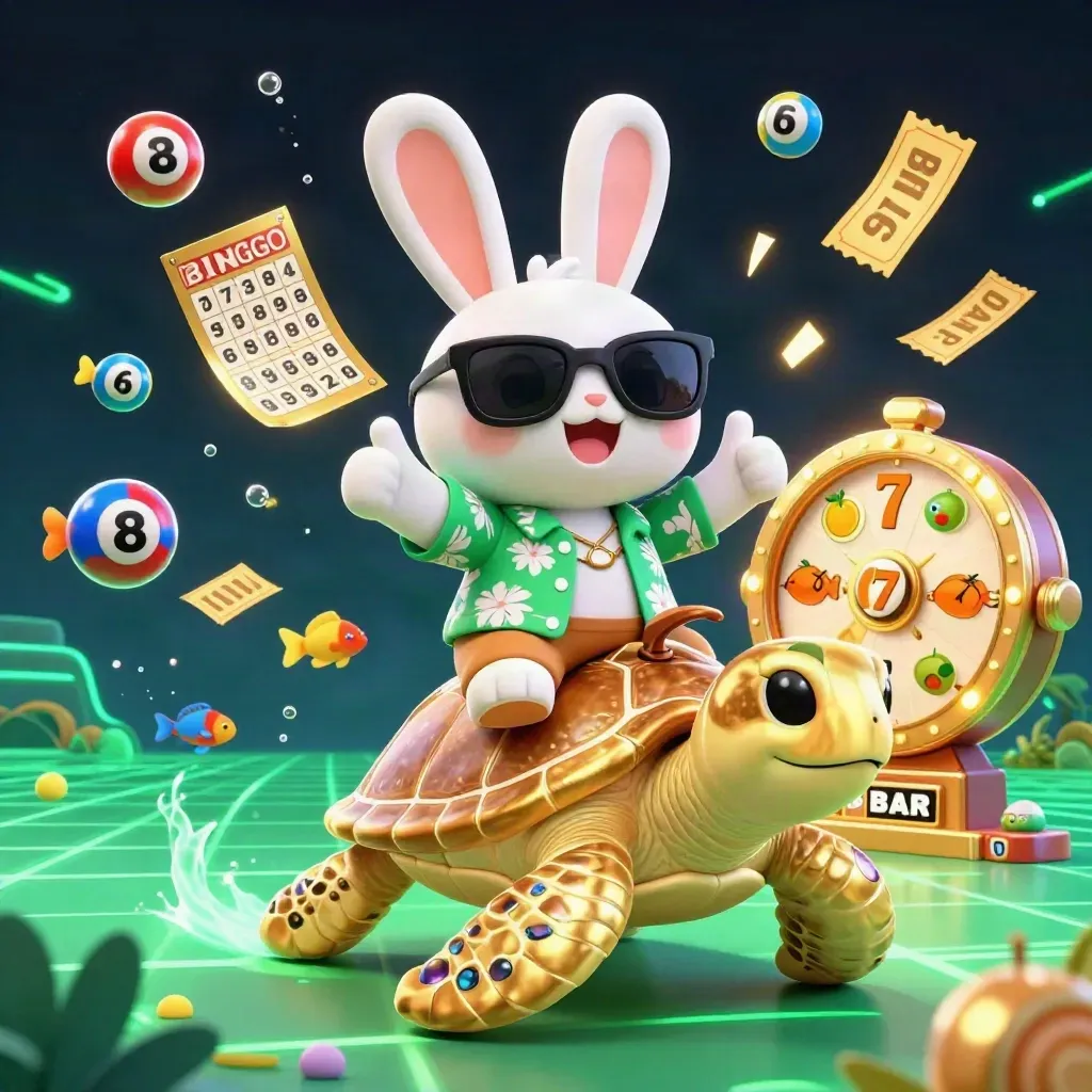 Rabbit on a gold turtle amid casino balls, reels, bingo card, tickets, and glowing fish.