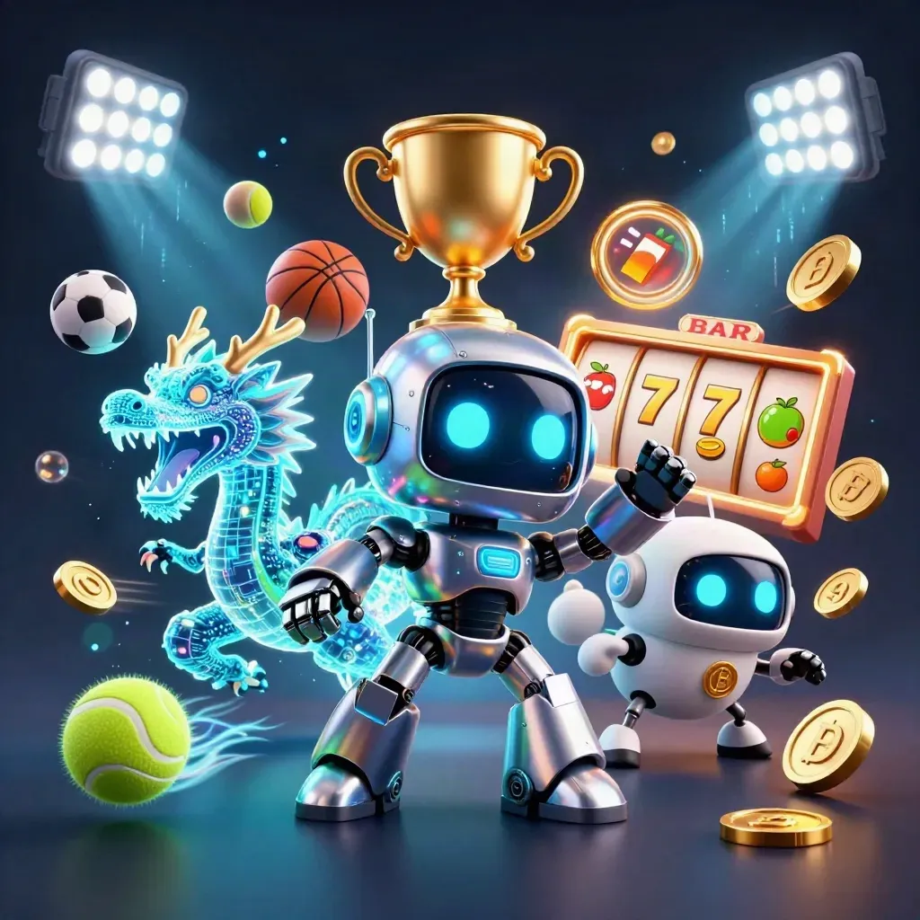 Chrome robot, holographic dragon, and coin drone burst amid casino sports icons and neon energy.