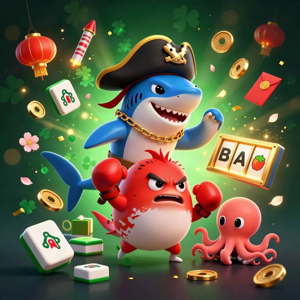 Shark pirate, boxing pufferfish, and coin-juggling octopus amid casino luck symbols
