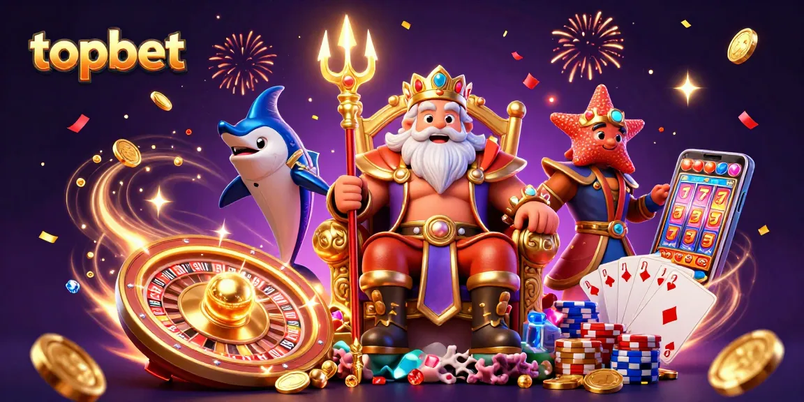 Engage in topbet excitement with sea king Neptune and lively casino elements in a vibrant 3D illustration.