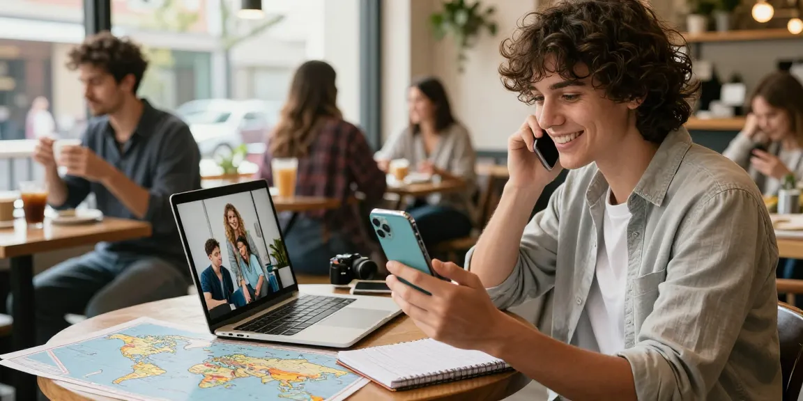 Application d'appels internationaux pour iPhone lors d'une vidéo dans un café animé, illustrant la connexion globale.