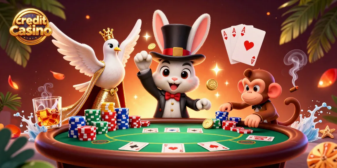 Experience the thrill of a credit card casino with a lively magician and playful characters in action.