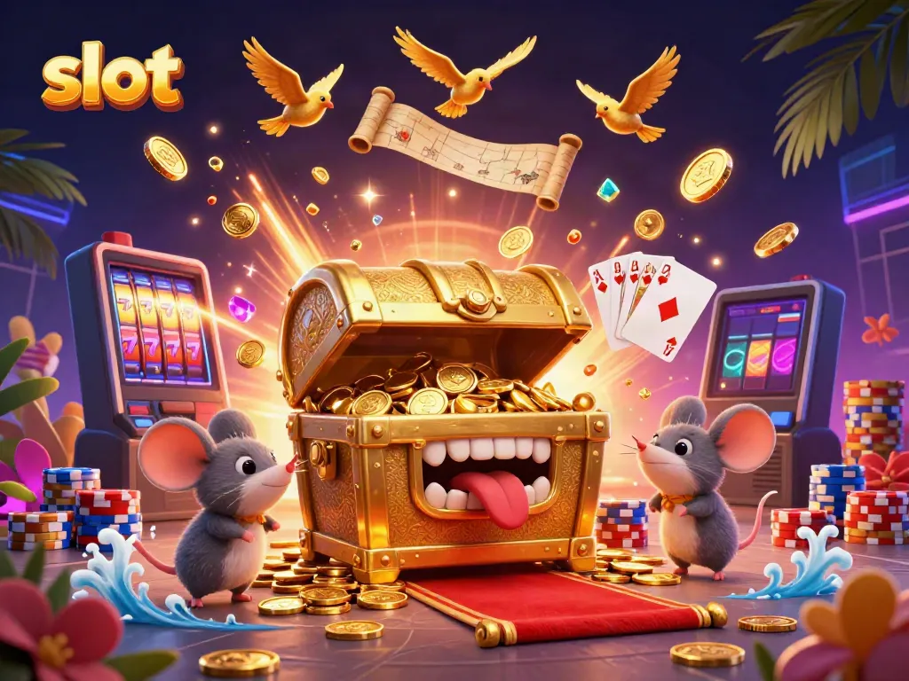 Engaging scene of adventurer mice lured by a treasure chest, showcasing dynamic slot gaming elements with vibrant colors.
