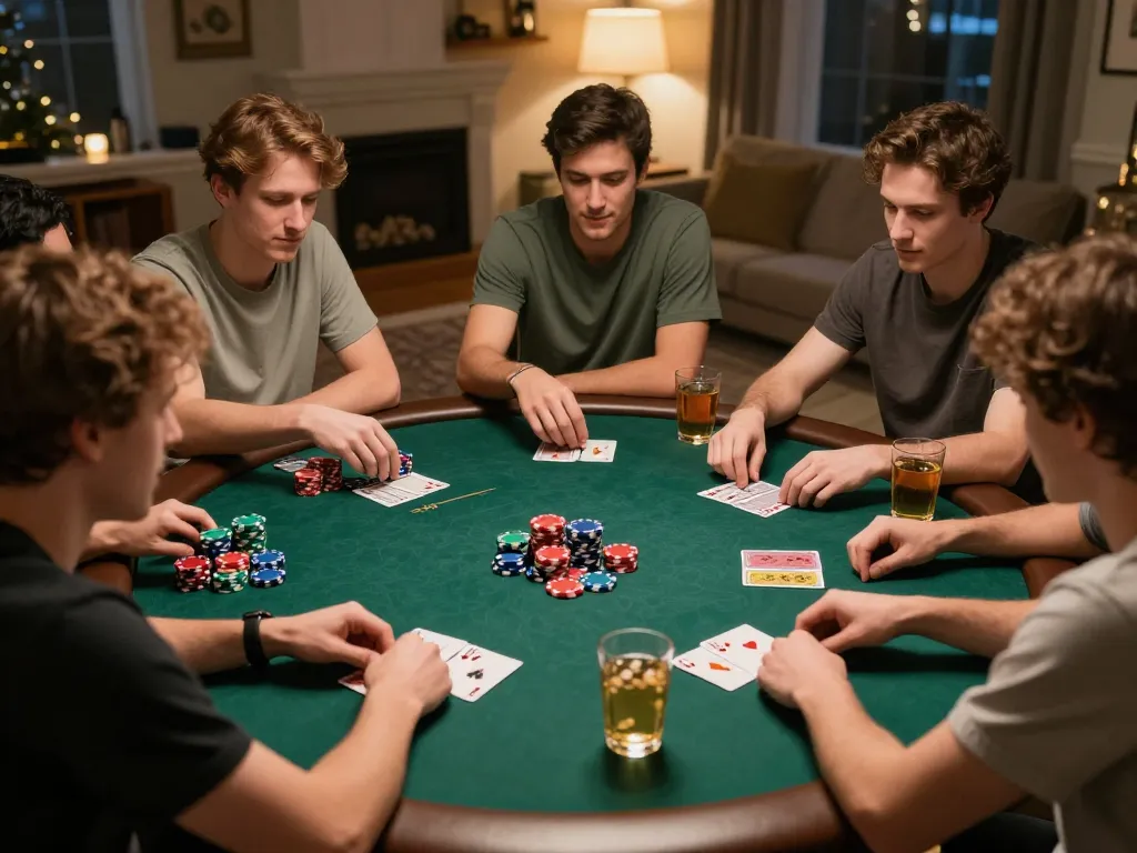 Engaging home poker game scene featuring friends enjoying หนังใหม่ชนโรง and drinks together