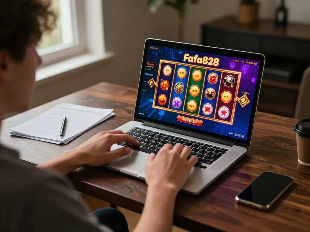 ผู้เล่นกำลังเล่นเกมคาสิโนออนไลน์ Fafa828 บนแล็ปท็อป แสดงประสบการณ์สล็อตที่มีการโต้ตอบ