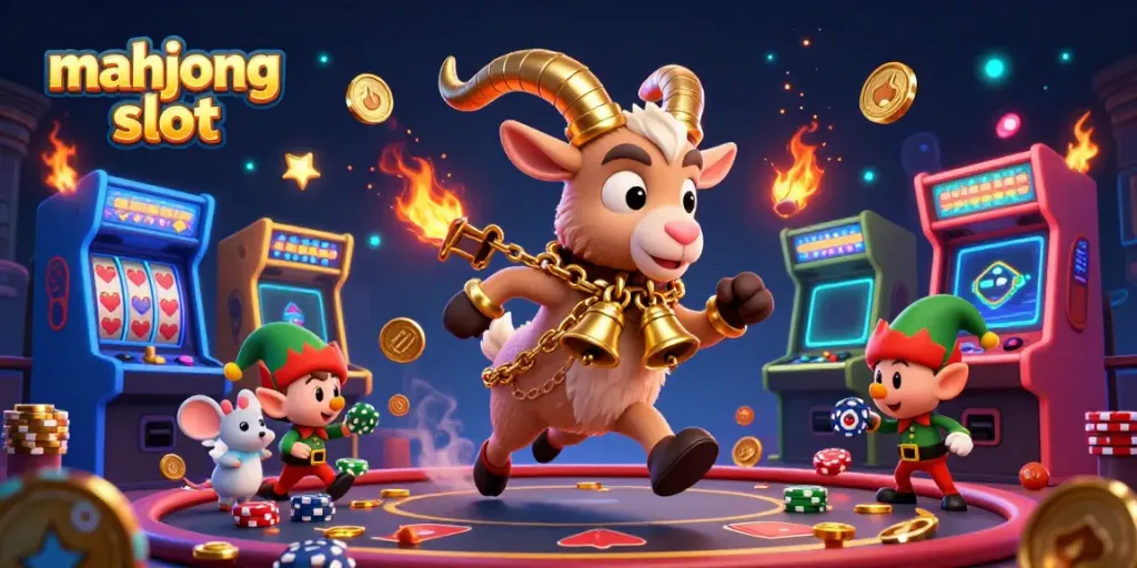 Engage with exciting mahjong slot adventures in a vibrant 3D casino scene with unique characters.