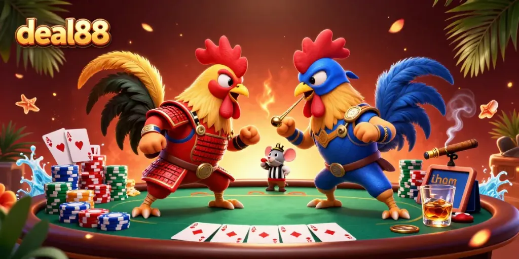 Engage with deal88 at our lively poker showdown featuring cartoon roosters and casino elements.