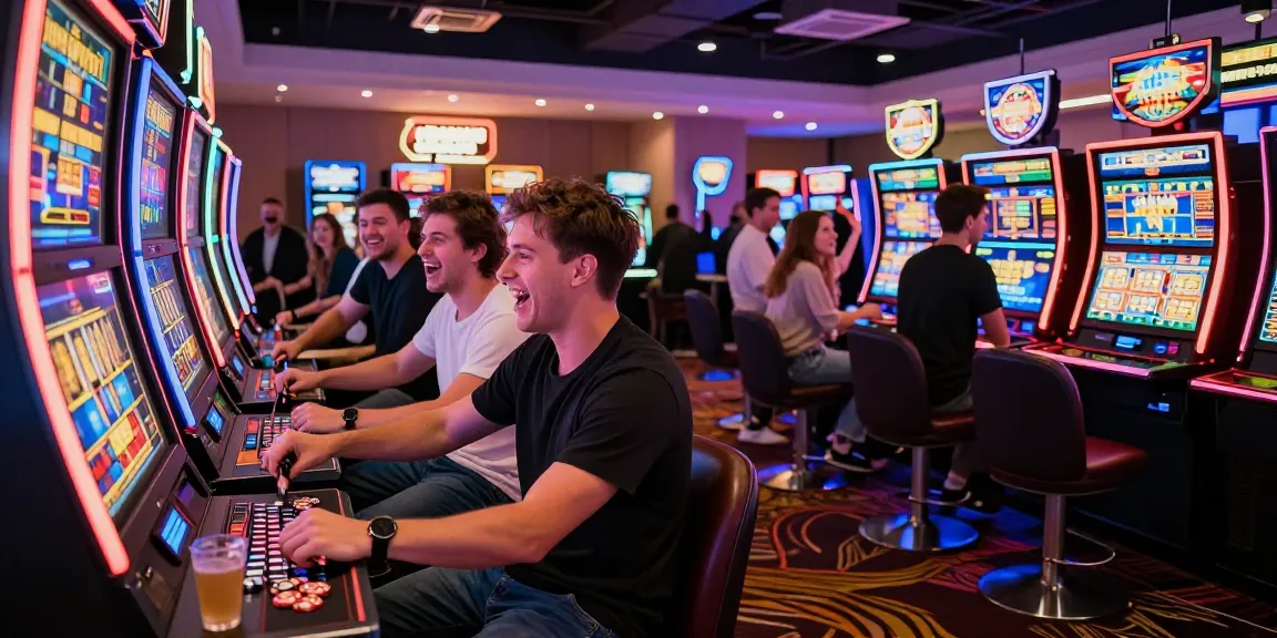 Pajaktoto pay4d excitement in a modern casino with friends playing slot machines.