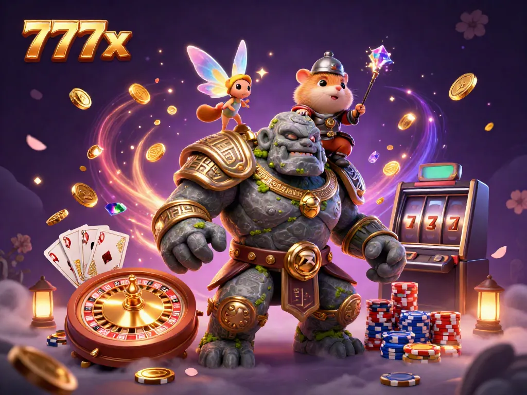 Immerse in 777x's enchanting casino scene with a magical golem, fairy, and hamster, surrounded by vibrant gaming elements.