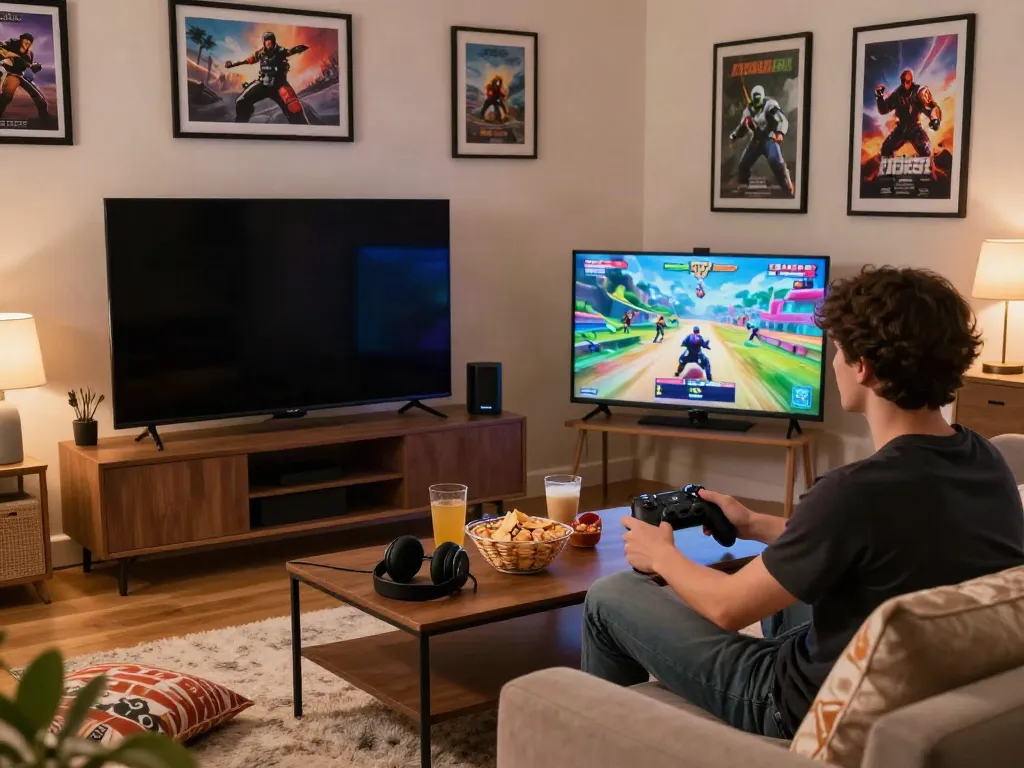 Engaging gaming scene at home showcasing akunjp game console setup with vibrant colors and snacks.