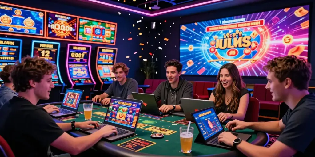Engaging online gaming at lotus365 with players celebrating big wins in a vibrant casino atmosphere.