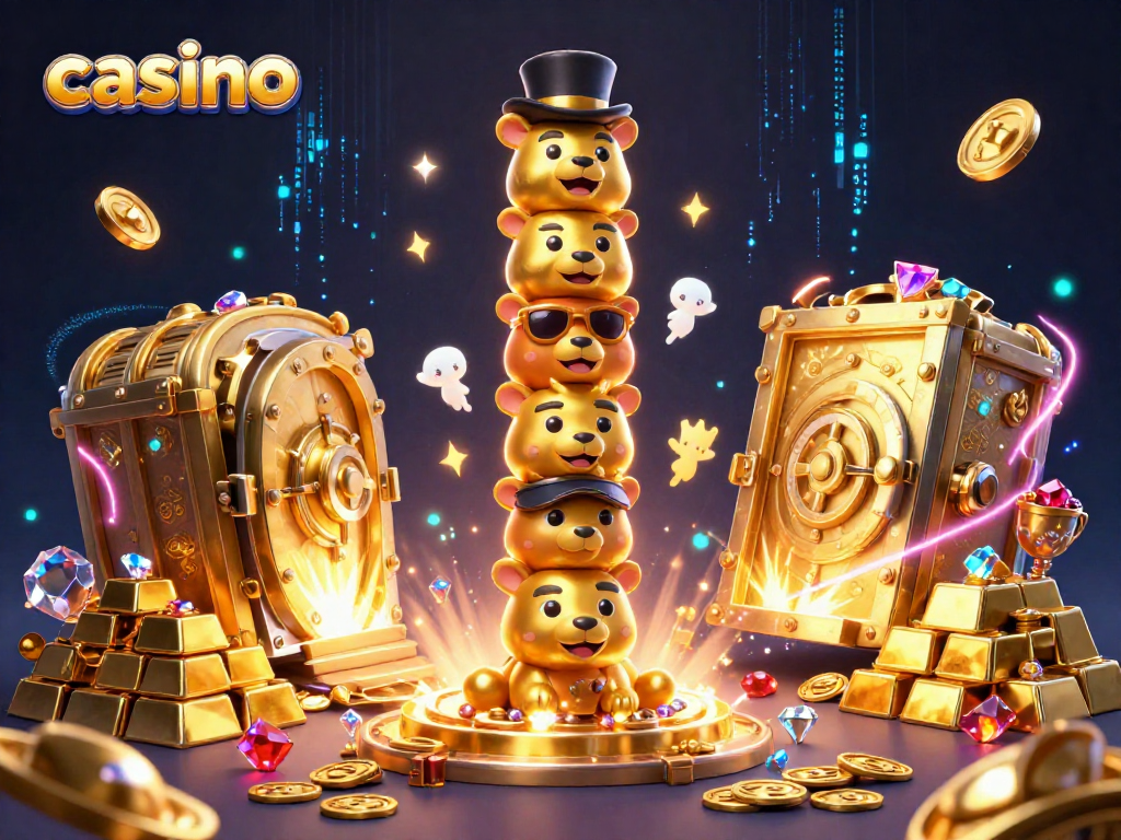 Experience vibrant casino fun with gold treasures and animated characters in a dynamic 3D illustration.