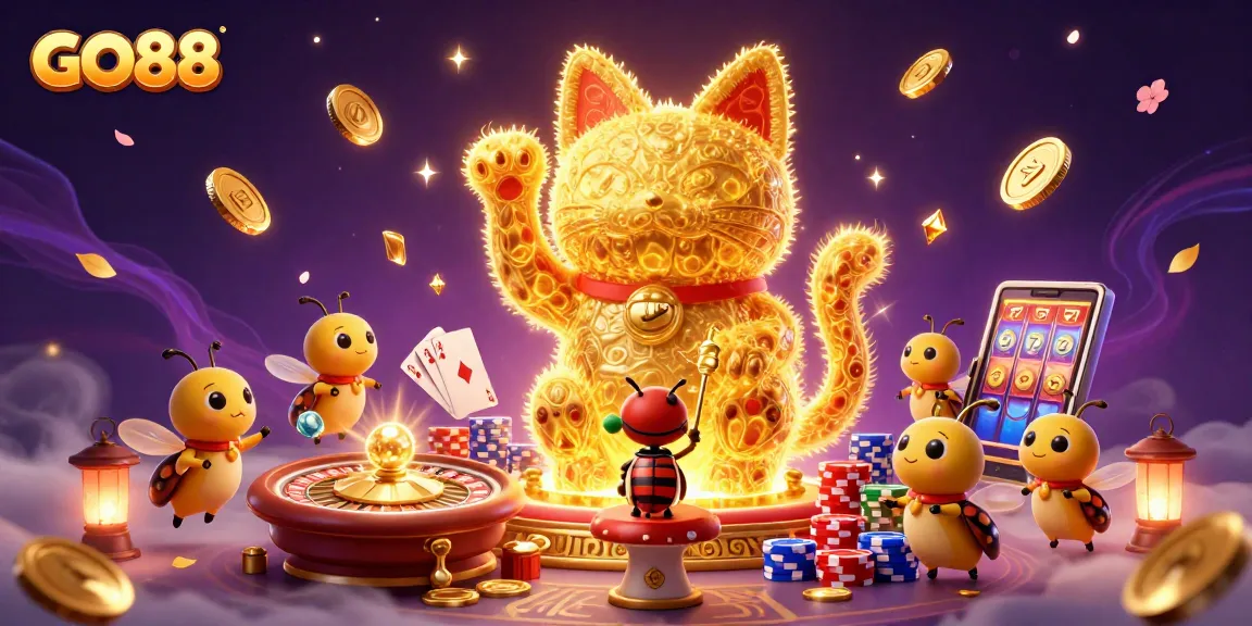 GO88 features a dazzling display of casino elements with a lucky cat and conductor beetle, offering winning thrills.