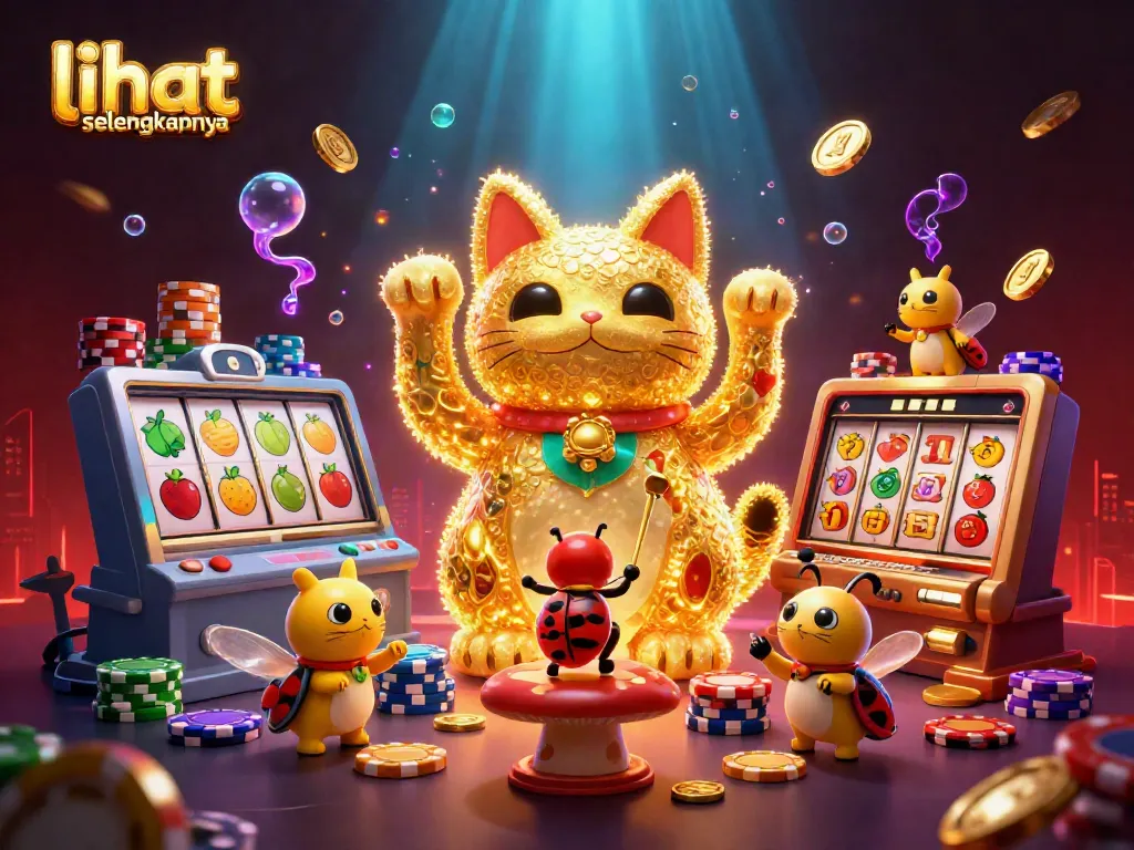 Permainan slot online menarik yang menggambarkan "lihat selengkapnya" dengan karakter unik dan simbol keberuntungan.