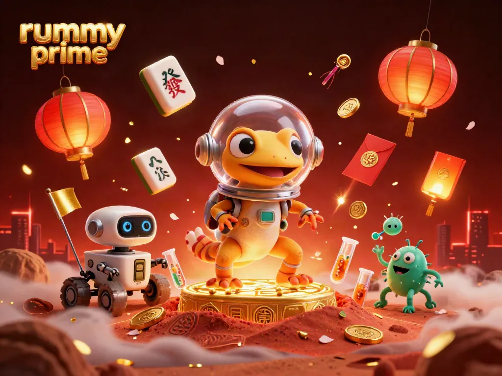 Engage with rummy prime in this dynamic illustration of a Martian gecko discovering a casino.