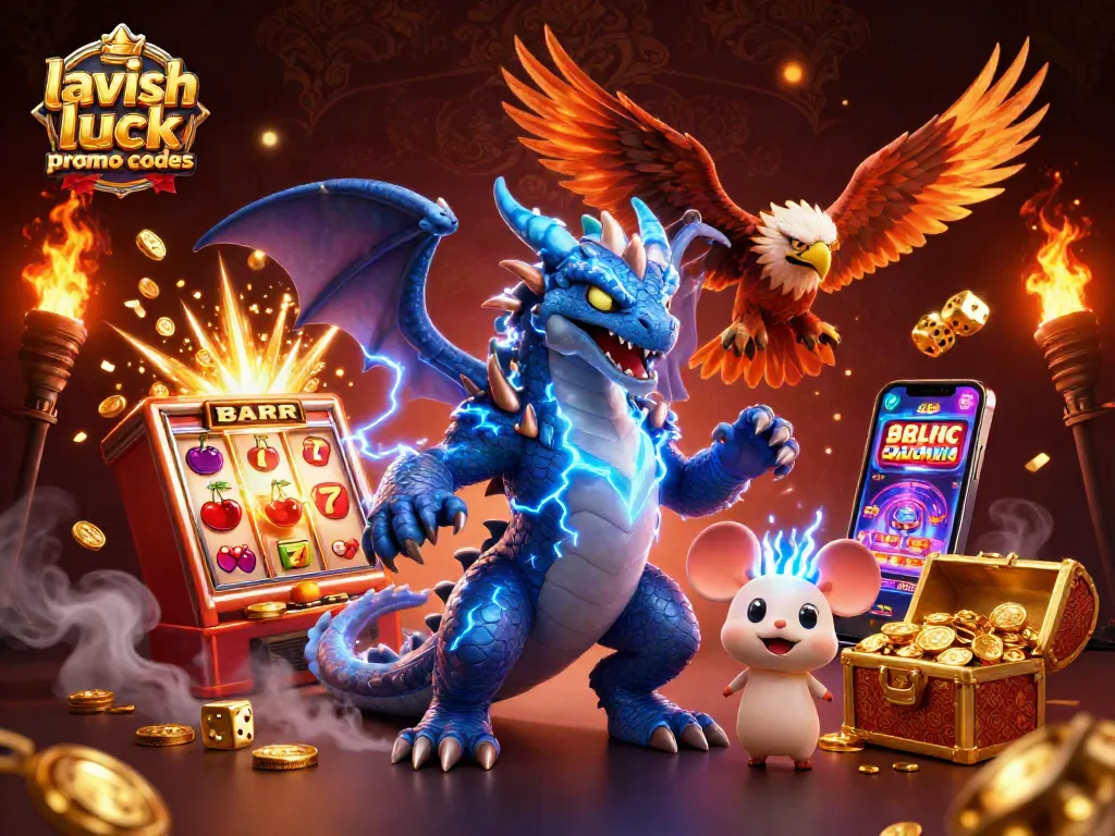 Engage with lavish luck promo codes in a captivating casino scene featuring a thunder dragon and stunning graphics.