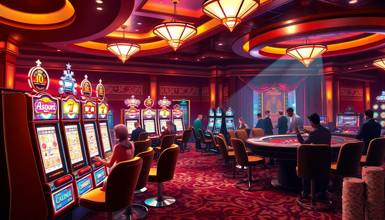 Engaged players enjoying idnslot machines in a luxurious casino atmosphere with vibrant lighting.