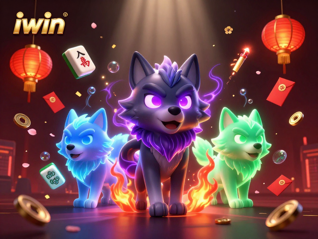Unleash excitement with iwin's 3D casino artwork featuring spectral wolves and vibrant game elements.