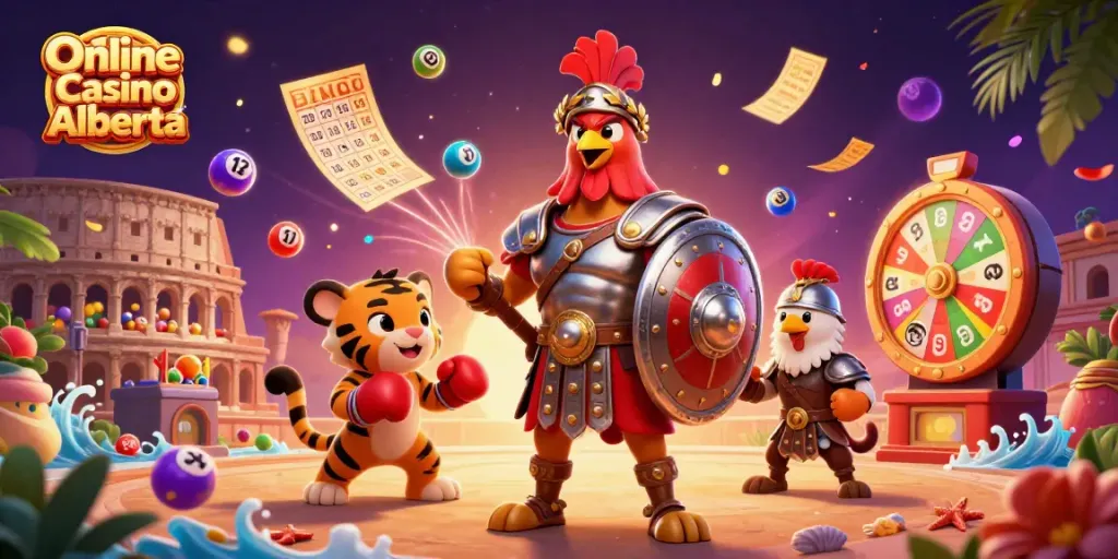 Engage with Online Casino Alberta's vibrant gaming scene featuring dynamic 3D characters and lottery elements.