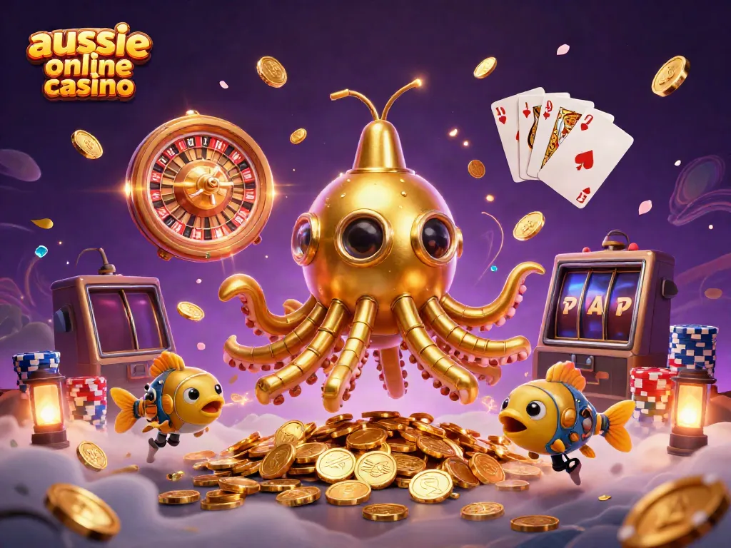 Experience excitement at the aussie online casino with a lively underwater scene featuring a golden kraken and dynamic game elements.