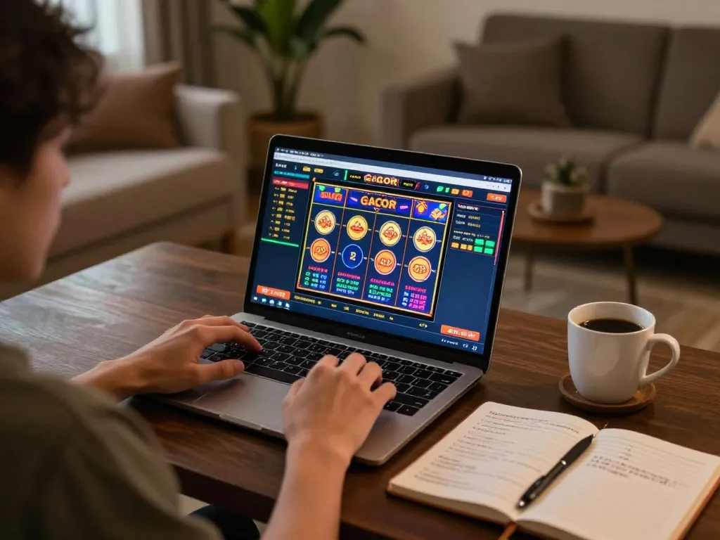 Engaging with Slot Gacor online gaming on a laptop at home with strategic notes visible