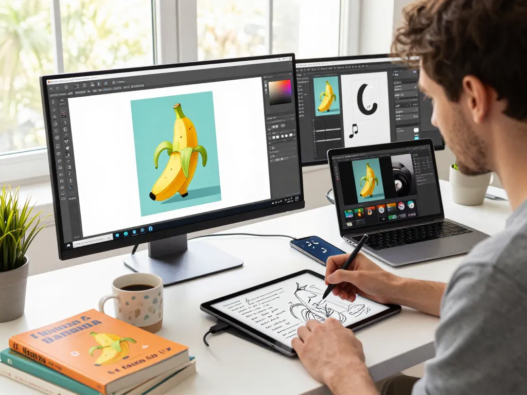 An engaged graphic designer using nano banana 2 in a modern creative workspace, showcasing advanced AI image editing.
