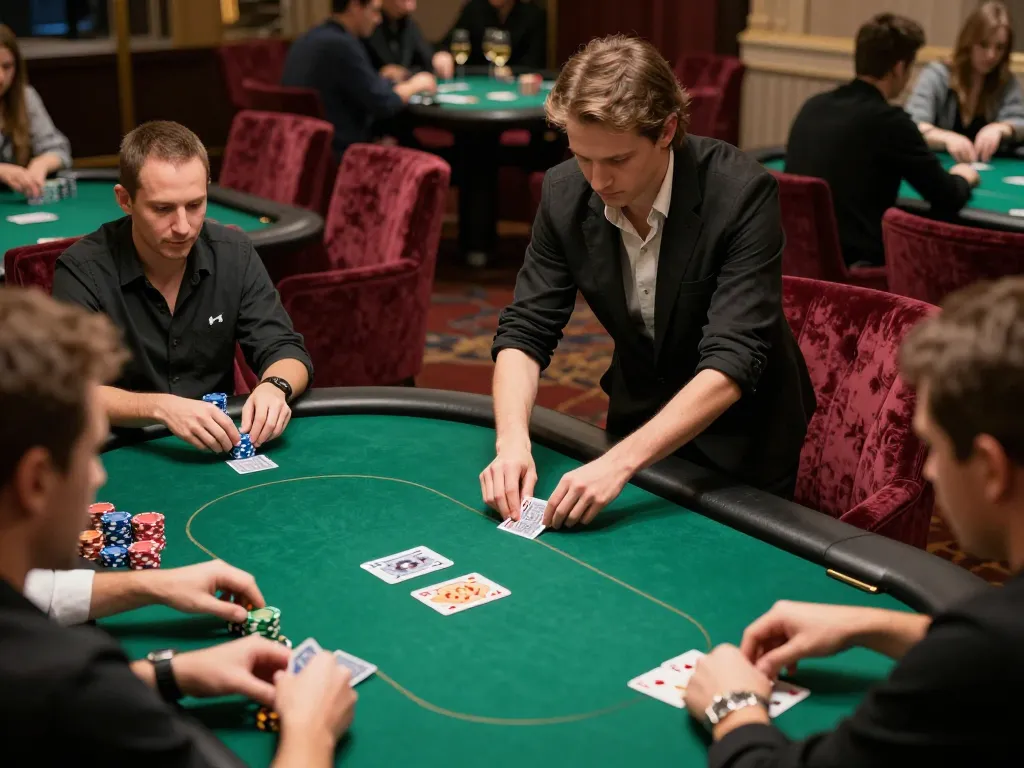 Players engaging in strategic gameplay at Nhà Cái SC88's elegant poker room, highlighting casino excitement.