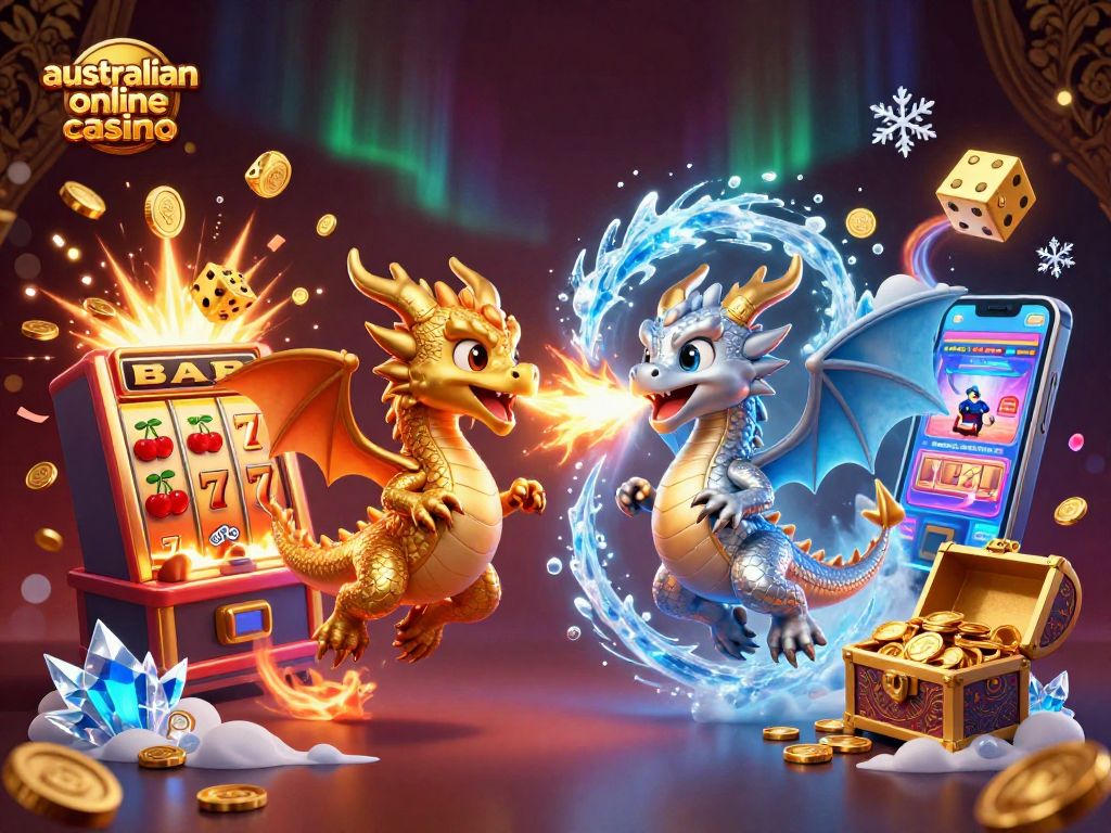 Engage in top-tier gaming action at an australian online casino with vibrant 3D dragons and dazzling slot machines.