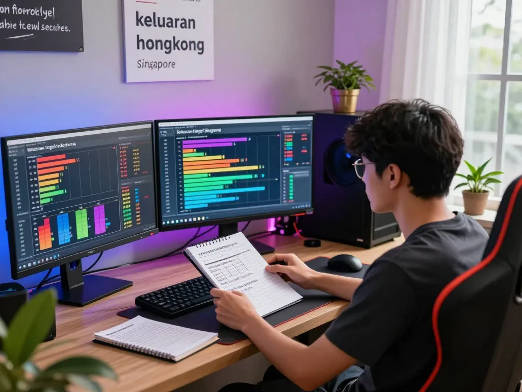 Analyzing keluaran togel hongkong singapore data in a vibrant gaming workspace with ambient light.