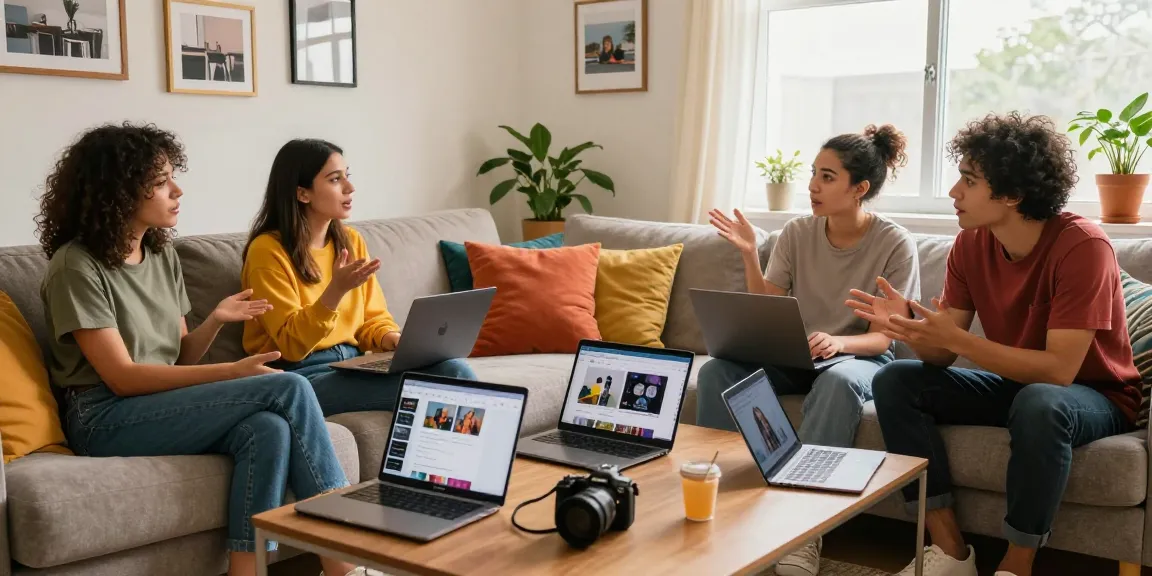 Friends discussing NSFW content in a lively living room setting, highlighting social media guidelines.