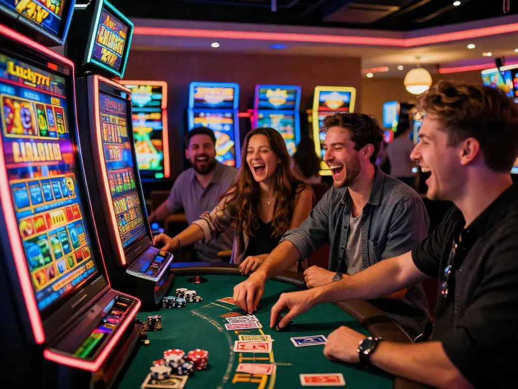 Friends celebrating while playing Lucky777 casino slot machine in a vibrant gaming atmosphere.